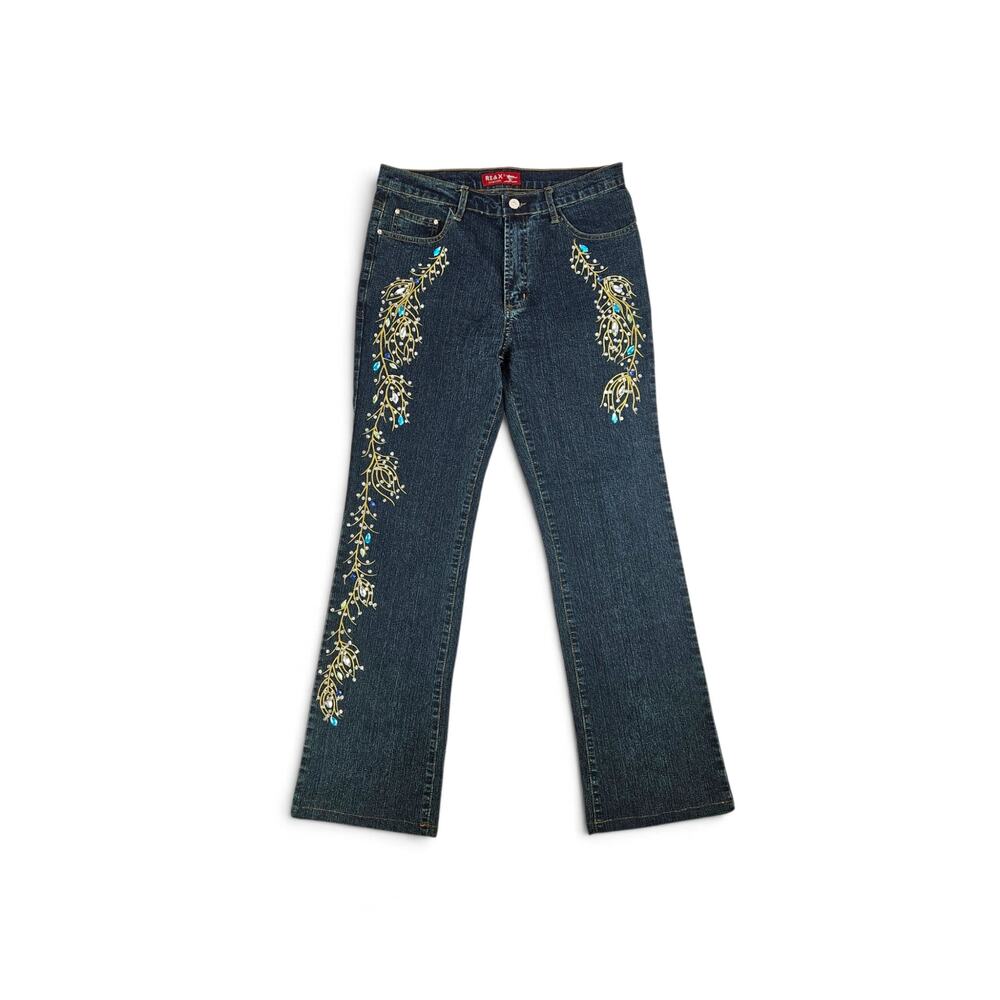Y2k Euro Flared Jeans Embroidered Rhinestone Detail Fairycore Boho - Size Large